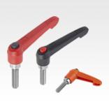 Clamping levers, plastic with external thread and push button, threaded insert stainless steel