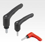 Clamping levers, plastic, with external thread and safety function, threaded pin blue passivated steel