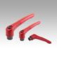 Clamping levers, steel, with internal thread, ruby red, threaded insert black oxidised steel