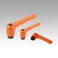 Clamping levers, die-cast zinc, flat with internal thread, pure orange satin finish, threaded insert black oxidised steel