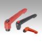 Clamping levers, plastic with internal thread and push button, threaded insert black oxidised steel