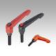 Clamping levers, plastic with external thread and push button, threaded insert black oxidised steel