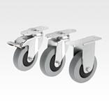 Swivel and fixed equipment castors, steel with elastic solid rubber tread, for aluminium profiles