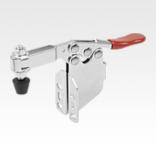 Toggle clamp horizontal with angled foot and adjustable clamping spindle