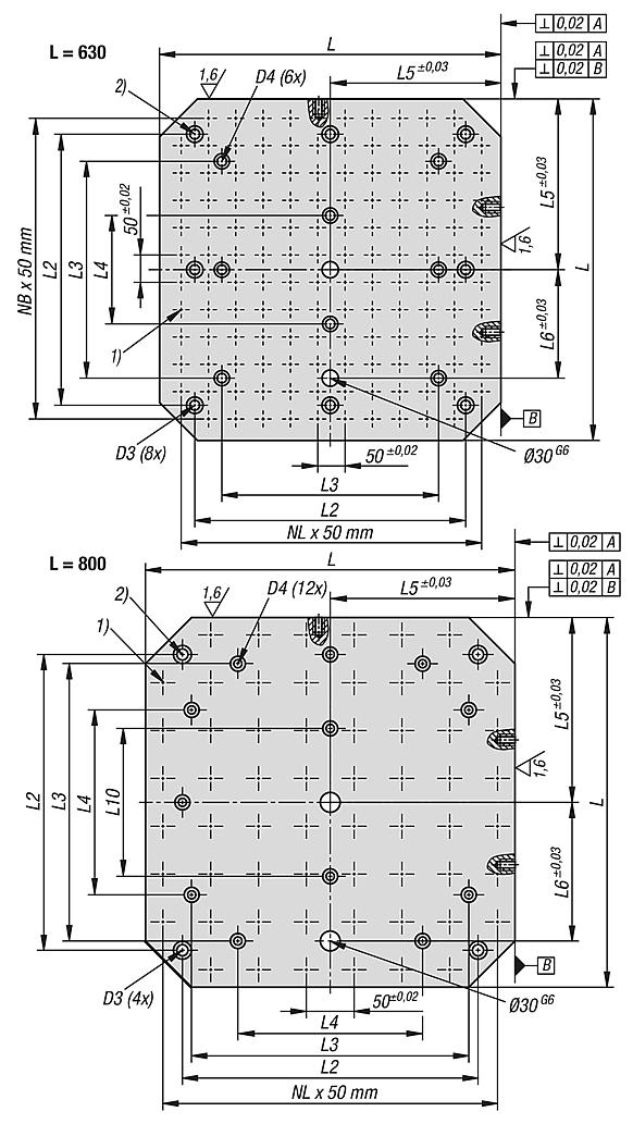 Subplates, grey cast iron with grid holes