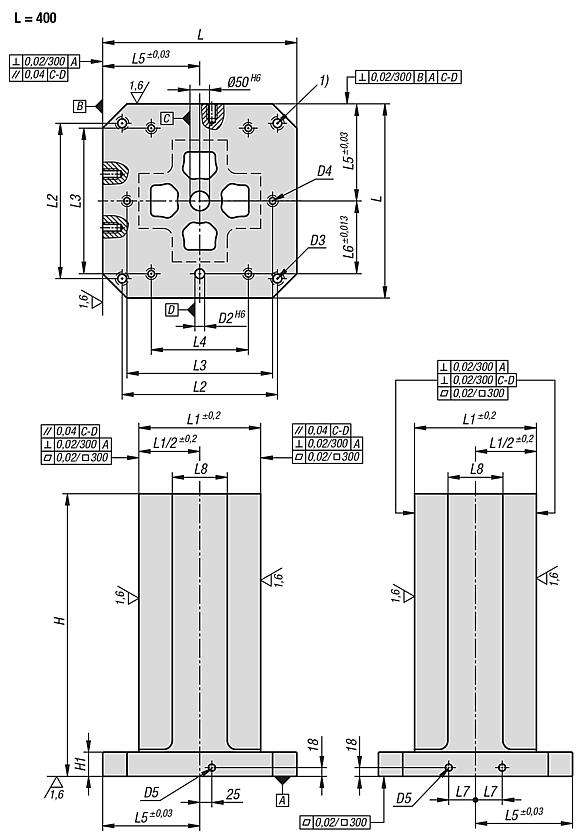 Clamping towers, grey cast iron, 4-sided, with pre-machined clamping faces