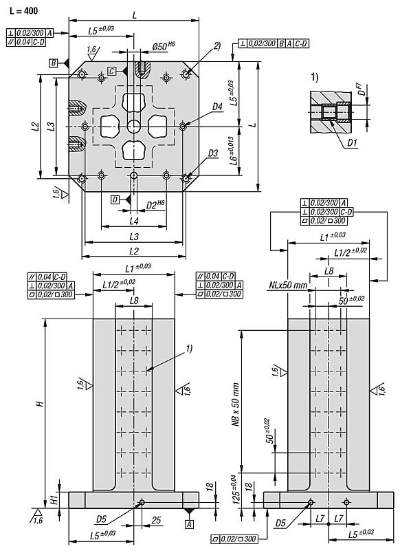 Clamping towers, grey cast iron, 4-sided, with grid holes