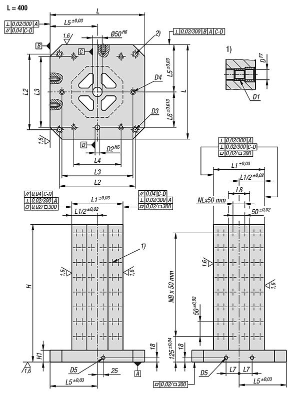 Clamping towers, grey cast iron, 8-sided, with grid holes