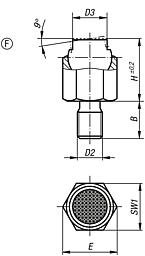 Self-aligning pads, self-righting, Form F, with external thread, flattened ball, with diamond grip