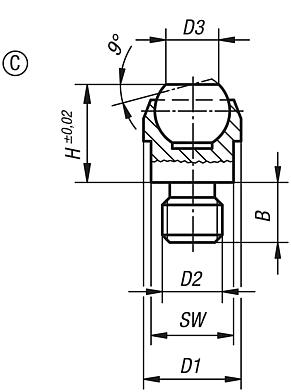 Support à bille oscillante, forme C, support fileté, bille avec plat rectifié