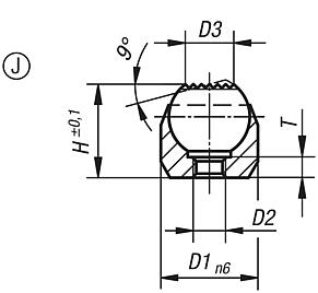 Support à bille oscillante, forme J, support taraudé, bille avec picots