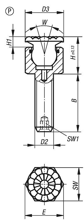 Self-aligning pads, adjustable, with O-ring, Form P, stainless steel ball with polyurethane face