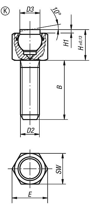 Apoios de esfera auto-alinhante, reguláveis, com O-Ring, forma K, com esfera de POM (Poliacetal) plana e com face lisa
