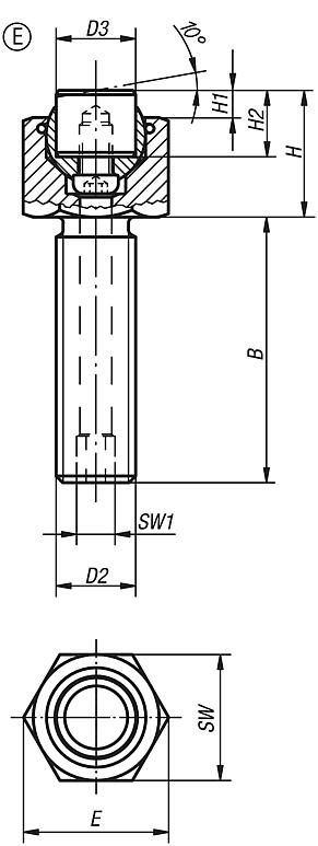Apoios de esfera auto-alinhante, reguláveis, com O-Ring e elementos de encaixe substituíveis, forma E, elemento de encaixe de aço inoxidável plano e com face lisa