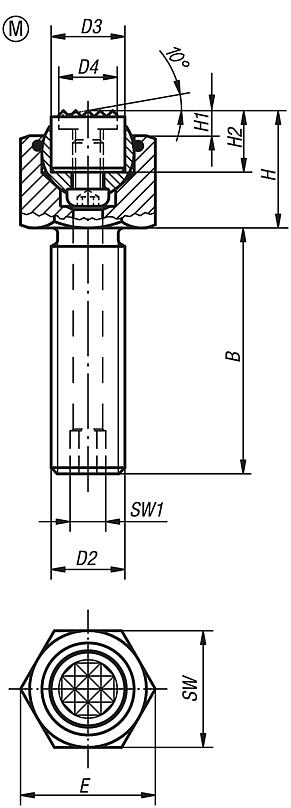 Apoios de esfera auto-alinhante, reguláveis, com O-Ring e elementos de encaixe substituíveis, forma M, encaixe "Gripper" plano e com face recartilhada de metal duro