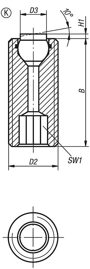 Supports à bille oscillante réglables, avec joint torique intégré et embase à six pans creux, forme K, bille en POM avec plat, lisse