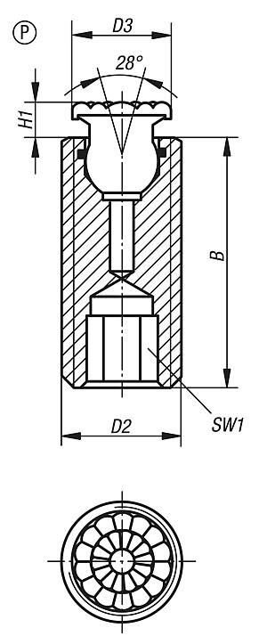 Supports à bille oscillante réglables, avec joint torique et embase à six pans creux, forme P, bille en inox avec revêtement en polyuréthane