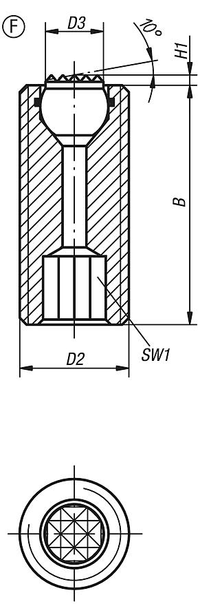 Supporti oscillanti regolabili, con O-ring e esagono incassato, forma F, sfera in acciaio spianata, con zigrinatura