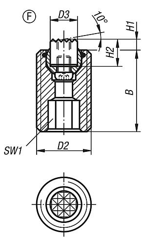 Self-aligning pads, adjustable, with O-ring and exchangeable inserts, hexagon socket, Form F, flattened ball with diamond grip