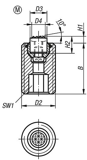 Self-aligning pads, adjustable, with O-ring and exchangeable inserts, hexagon socket, Form M, flattened ball with carbide diamond grip