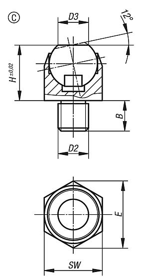 Supporti oscillanti, angolo di inclinazione 12°, forma C con filettatura esterna, sfera spianata, liscia