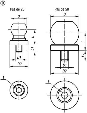 Billes de serrage avec calotte pour stabilisateur de pièce, forme B