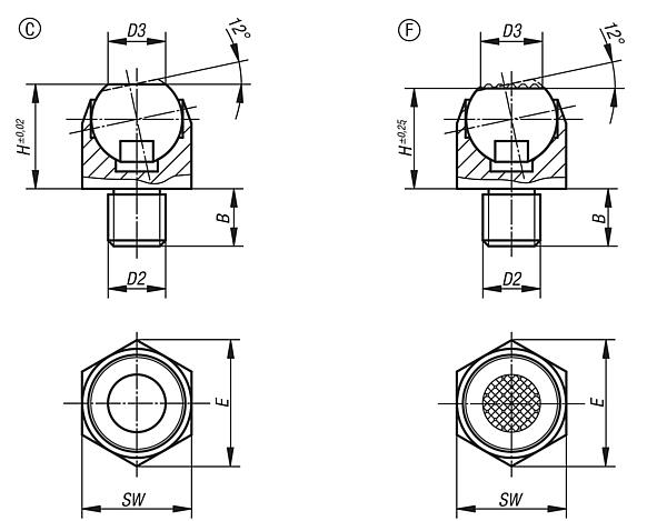 Apoios de esfera auto-alinhante com ângulo de inclinação 12°