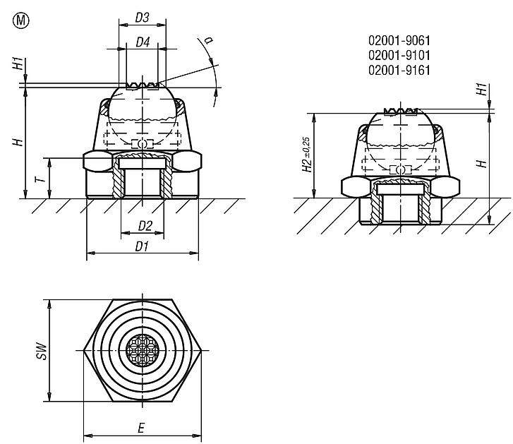 Apoios de esfera auto-alinhante, ângulos de inclinação 14° e 20°, forma M, esfera plana, com face recartilhada em metal duro