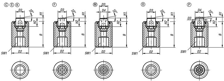 Apoios de esfera auto-alinhante reguláveis com O-Ring, elementos de encaixe substituíveis e sextavado interno