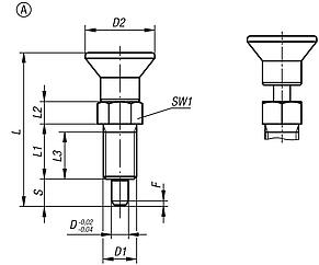 Indexing plungers, steel or stainless steel, with plastic mushroom grip and extended indexing pin, no locking slot or locknut, inch