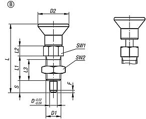 Indexing plungers, steel or stainless steel with plastic mushroom grip, extended indexing pin and locknut, inch