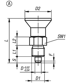 Spine di posizione in acciaio o acciaio inox, versione corta con impugnatura a fungo in plastica, senza incavo d'arresto, senza controdado - inch