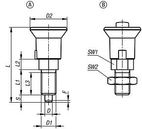 Indexing plungers, steel or stainless steel with plastic mushroom grip and lock