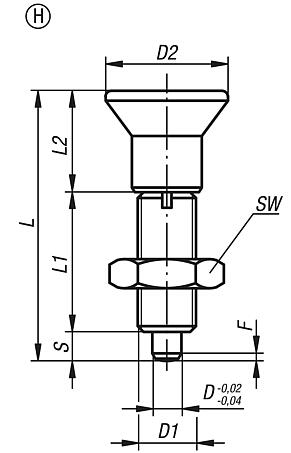 Indexing plungers, steel or stainless steel, without collar, with plastic mushroom grip, extended indexing pin and locknut, inch