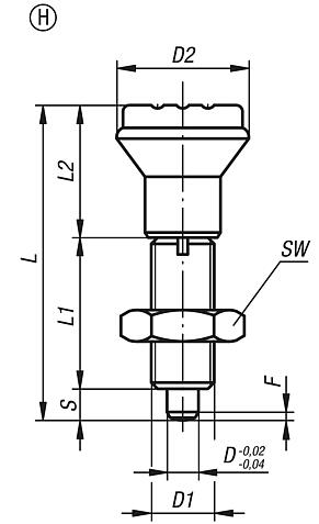 Spine di posizione in acciaio o acciaio inox, senza collare, con impugnatura a fungo in plastica, con coperchio e controdado