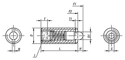 Pressori a molla con esagono incassato e puntale in POM, forza elastica standard - inch