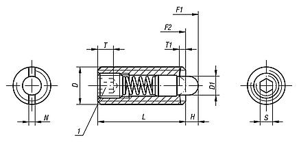 Spring plungers with hexagon socket and thrust pin, stainless steel, standard spring force