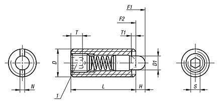 Pressori a molla con esagono incassato e puntale in POM, acciaio inox - inch