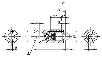 Spring plungers with hex socket and POM thrust pin, stainless steel, with thread lock, inch