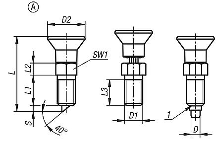 Indexing plungers, steel or stainless steel with plastic mushroom grip, rotation lock and lead-in chamfer