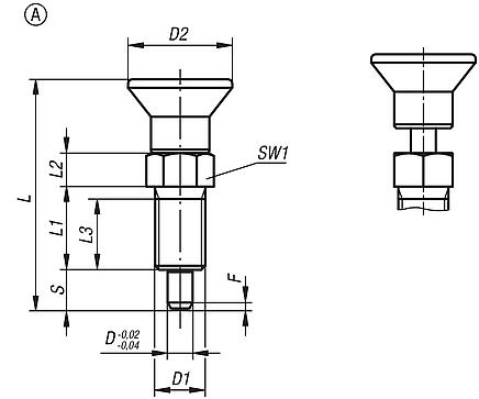 Indexing plungers, steel or stainless steel with plastic mushroom grip and extended indexing pin