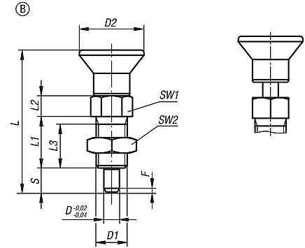 Indexing plungers, steel or stainless steel with plastic mushroom grip, extended indexing pin and locknut