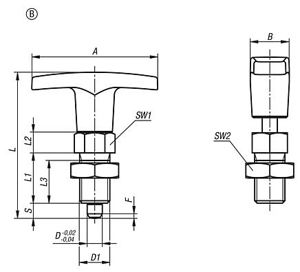 Indexing plungers, steel or stainless steel with plastic T-grip and locknut