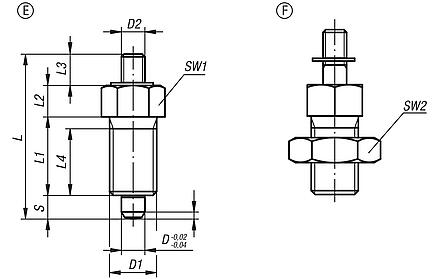 Spine di posizione in acciaio o acciaio inox con perno filettato - inch