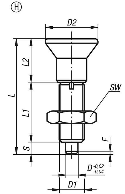 Indexing plungers, steel or stainless steel, without collar, with plastic mushroom grip and locknut