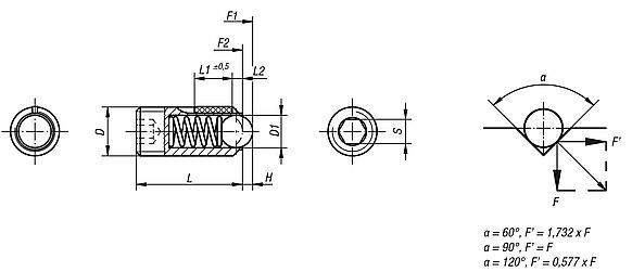Pressori a molla con esagono incassato e sfera, acciaio, con frenafiletto - inch