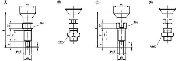 Spine di posizione in acciaio o acciaio inox con impugnatura a fungo in plastica e perno di bloccaggio allungato - inch