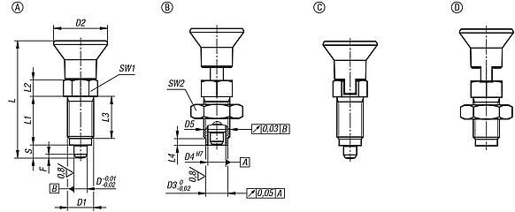 Spine di posizione in acciaio o acciaio inox Premium con impugnatura a fungo in plastica e perno di bloccaggio cilindrico 