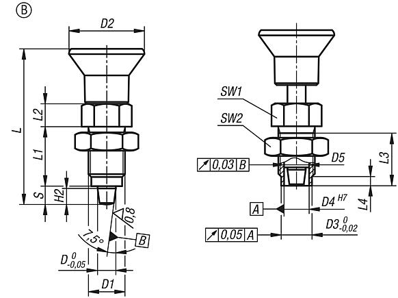 Spine di posizione Premium in acciaio o acciaio inox con impugnatura a fungo in plastica, perno di bloccaggio conico e controdado