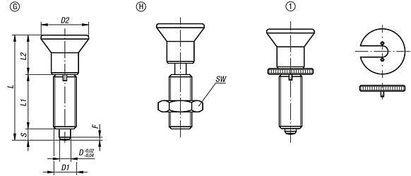 Indexing plungers, steel or stainless steel, without collar, with plastic mushroom grip - inch